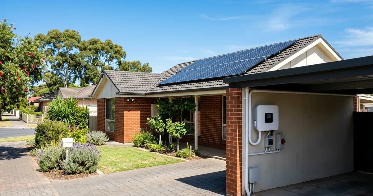 Rooftop solar panels and wall-mounted inverter on a suburban home in Adelaide, South Australia. — SolarNevs spec card