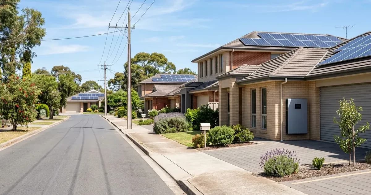 Suburban South Australian street with rooftop solar arrays and a home battery connected to the grid. — SolarNevs spec card
