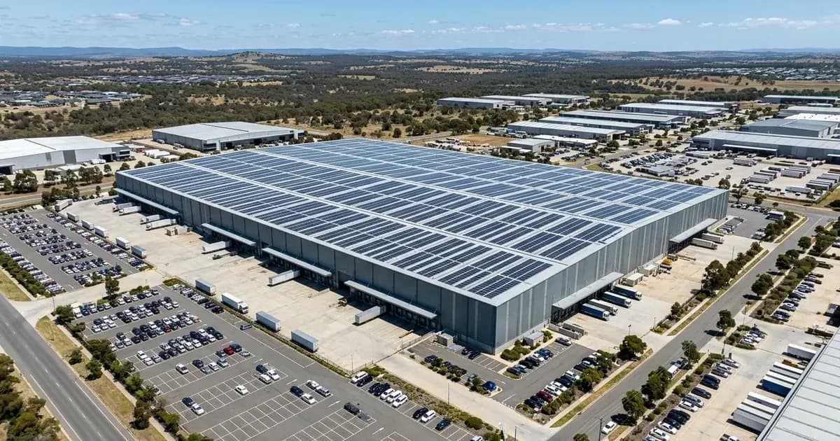 Aerial view of an extensive commercial rooftop solar panel array on a warehouse in Australia. — SolarNevs spec card