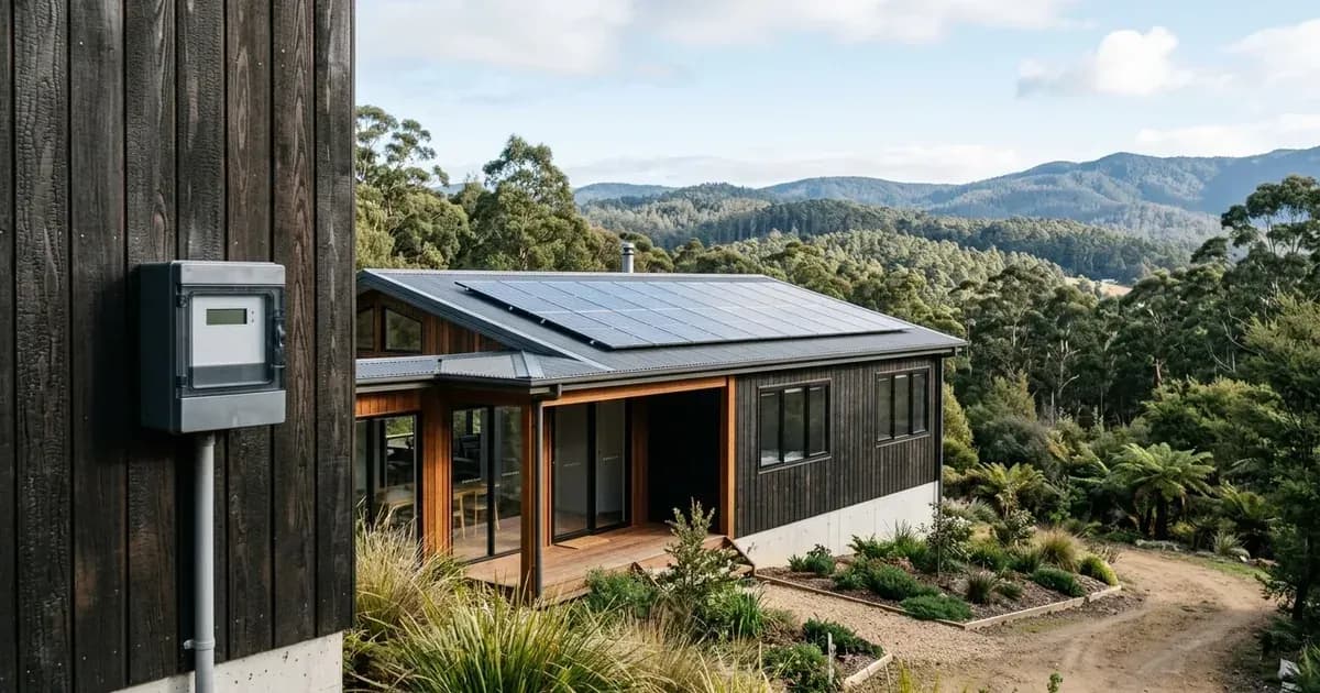 Rooftop solar panel array and electric smart meter on a timber-clad home in Tasmania. — SolarNevs spec card