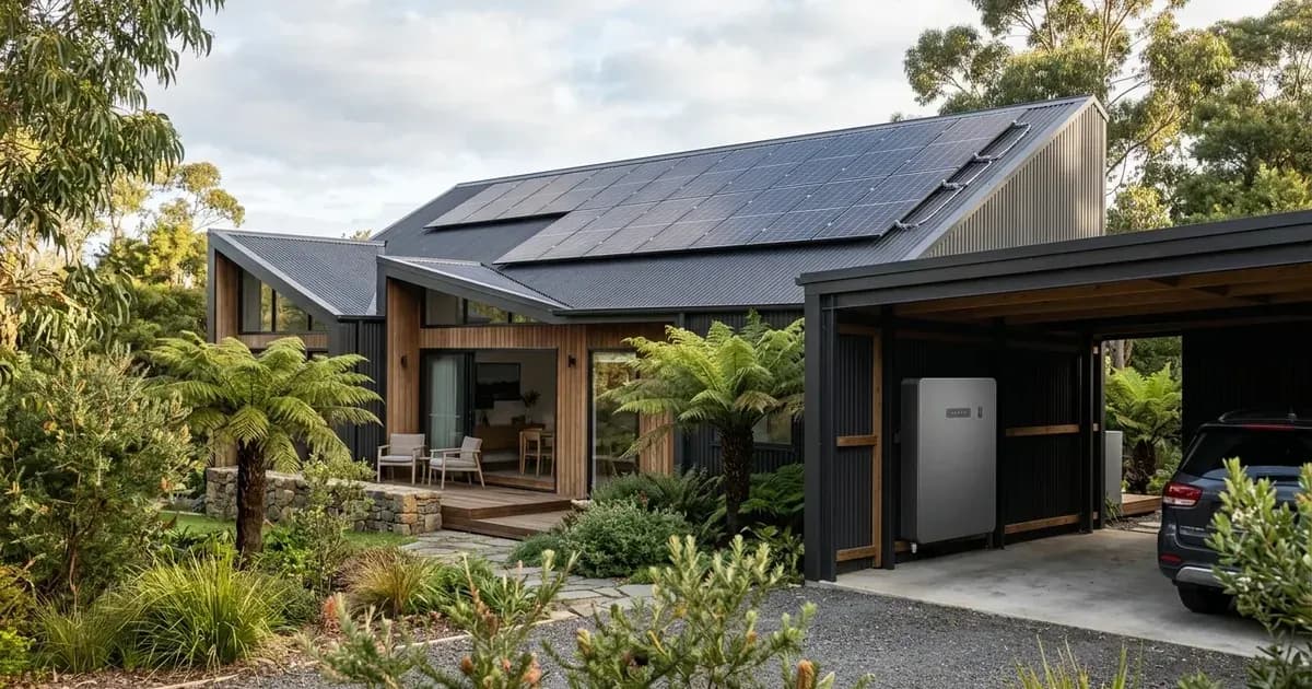 Modern Tasmanian home with rooftop solar panels and a wall-mounted battery in the carport. — SolarNevs spec card