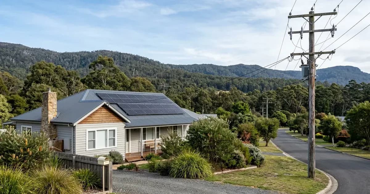 Rooftop solar panels on a Tasmanian home with a street power pole and forested hills behind. — SolarNevs spec card