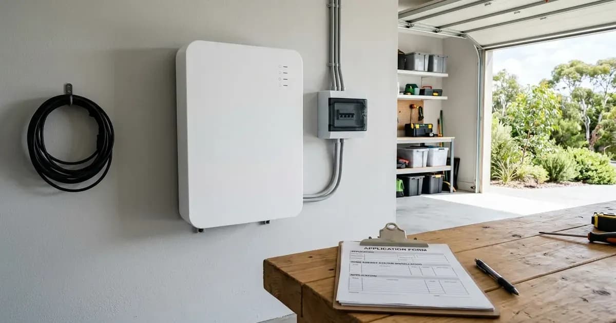 Wall-mounted home battery and application form clipboard in a modern residential garage in Victoria. — SolarNevs spec card