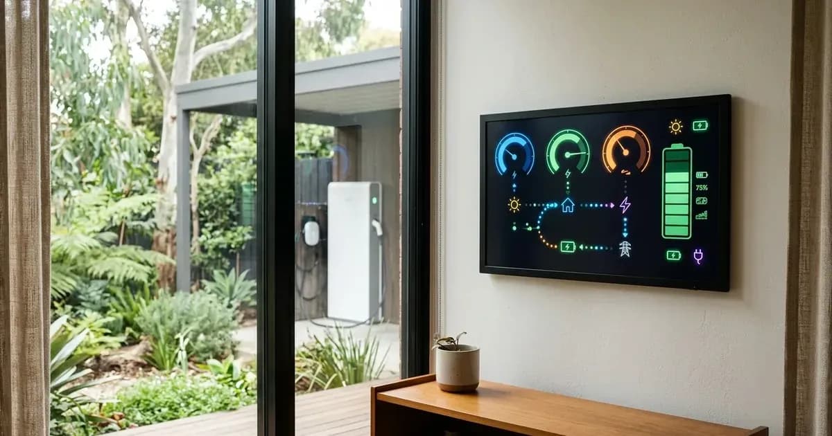 Smart home energy display showing battery storage and power flow in a modern Melbourne home. — SolarNevs spec card