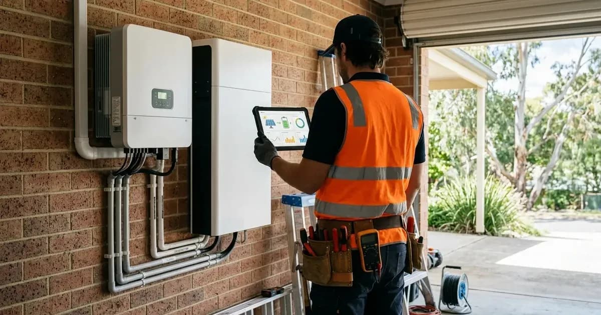 Electrician commissioning a residential solar hybrid inverter and battery system on a brick garage wall. — SolarNevs spec card
