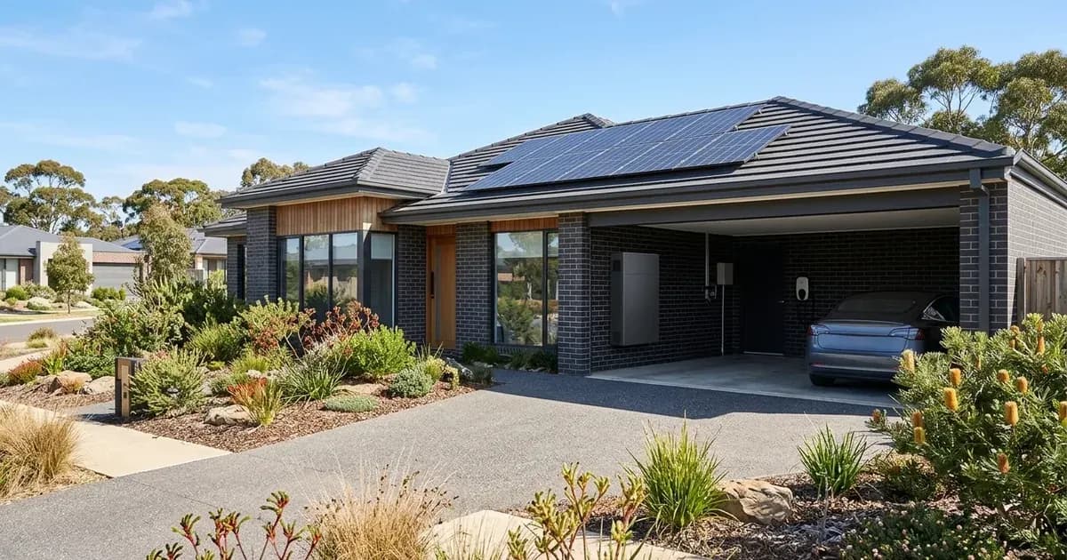 Modern Australian home with rooftop solar panels and wall-mounted battery in the carport. — SolarNevs spec card