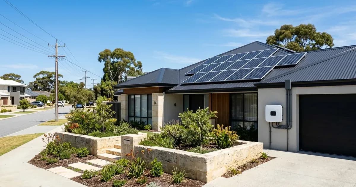 Rooftop solar panels and wall-mounted inverter on a modern Perth home with limestone garden walls. — SolarNevs spec card