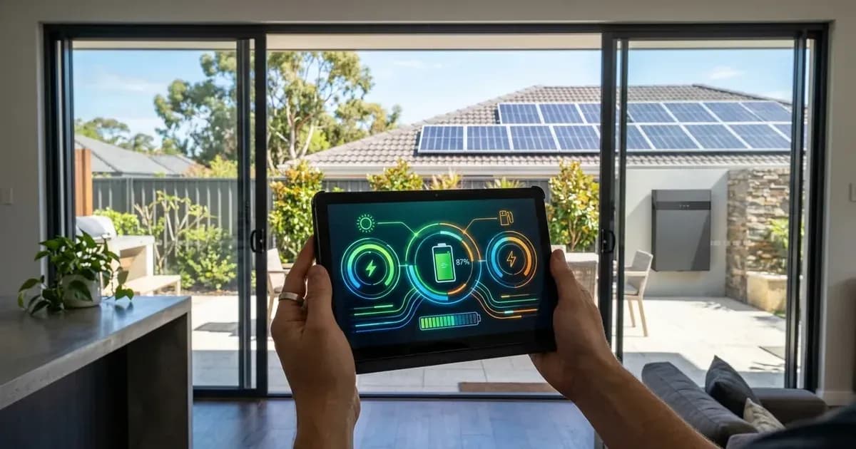 Tablet displaying solar and battery energy telemetry in a Perth home overlooking the patio. — SolarNevs spec card