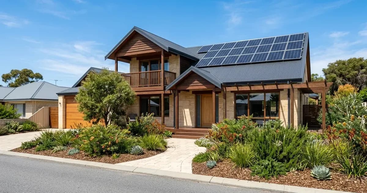 Limestone coastal home in Fremantle with rooftop solar photovoltaic panels under bright sun. — SolarNevs spec card