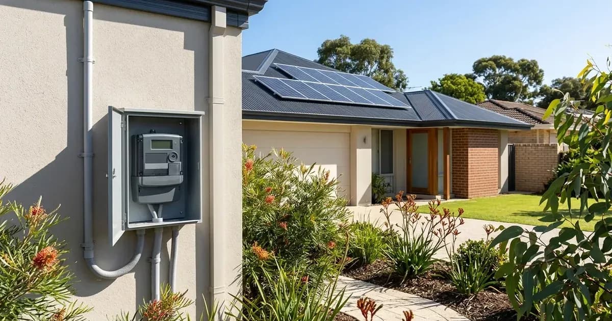 Outdoor electrical meter enclosure and rooftop solar array on a Western Australian home. — SolarNevs spec card