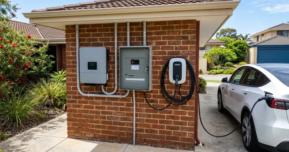 EV charger and solar inverter installed on brick wall outside an Australian home with electric car charging. — SolarNevs spec card