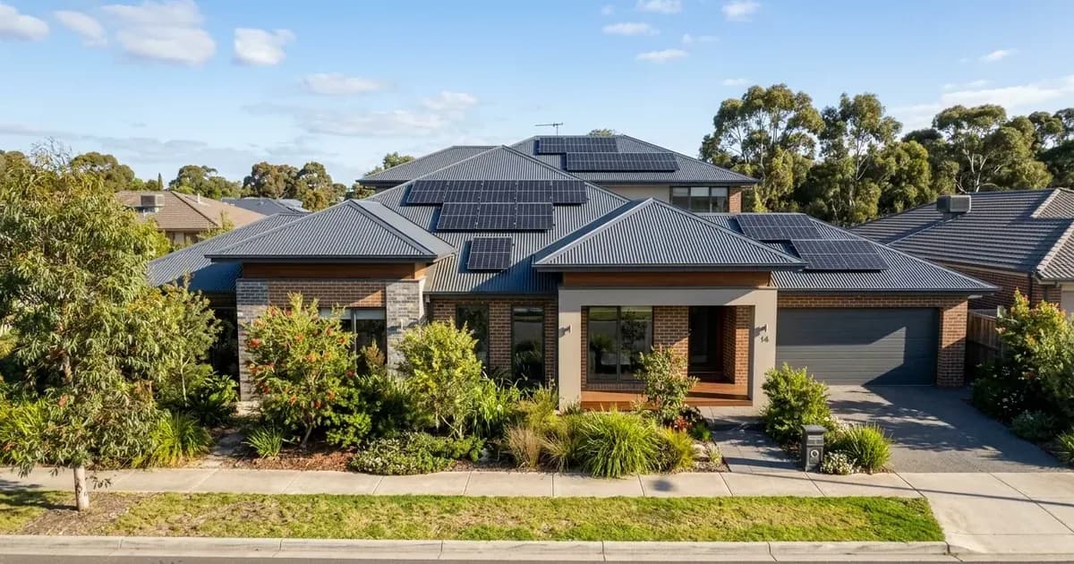 Suburban Australian home with a 10kW rooftop solar panel array installed across pitched metal roof planes. — SolarNevs spec card