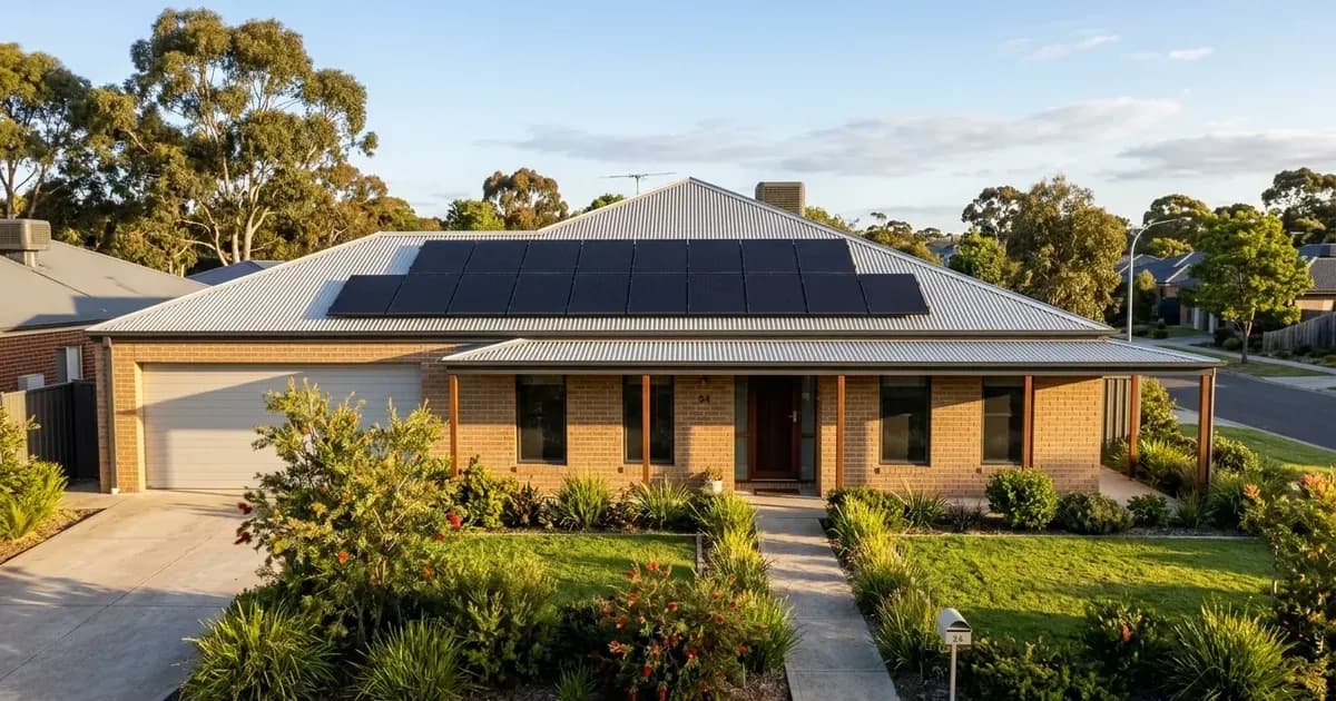 Australian suburban home with 5kW black solar panels installed on a pitched Colorbond roof in afternoon sun. — SolarNevs spec card