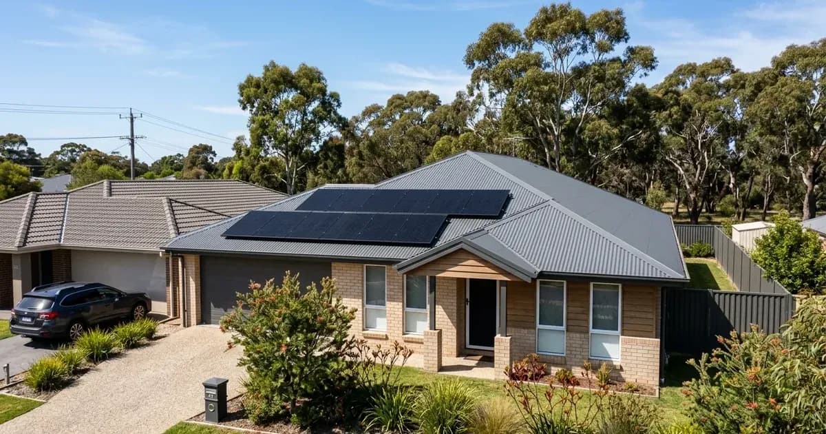 Suburban Australian home with a 6.6kW solar panel array mounted flush on a pitched Colorbond roof. — SolarNevs spec card