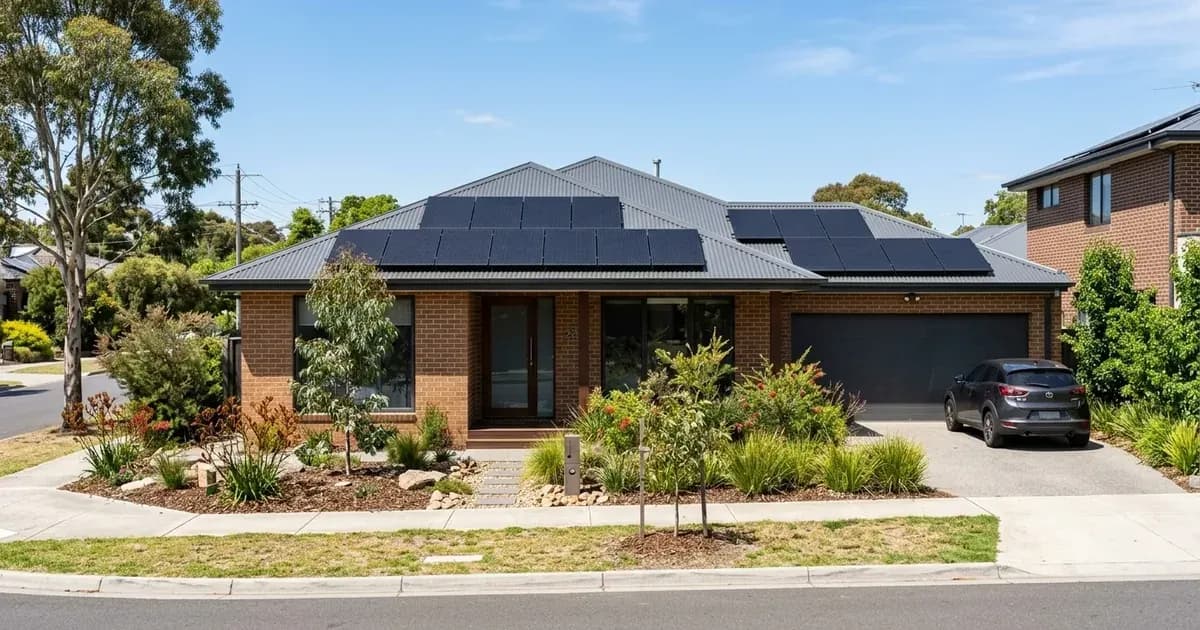 Contemporary Australian home with 8kW solar panel system installed across north and west metal roof planes. — SolarNevs spec card
