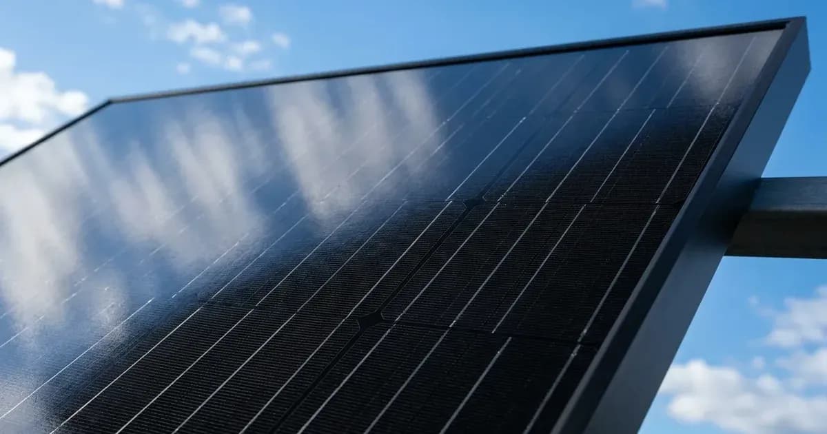 Close-up of black monocrystalline solar panel cells reflecting blue sky in Australia. — SolarNevs spec card