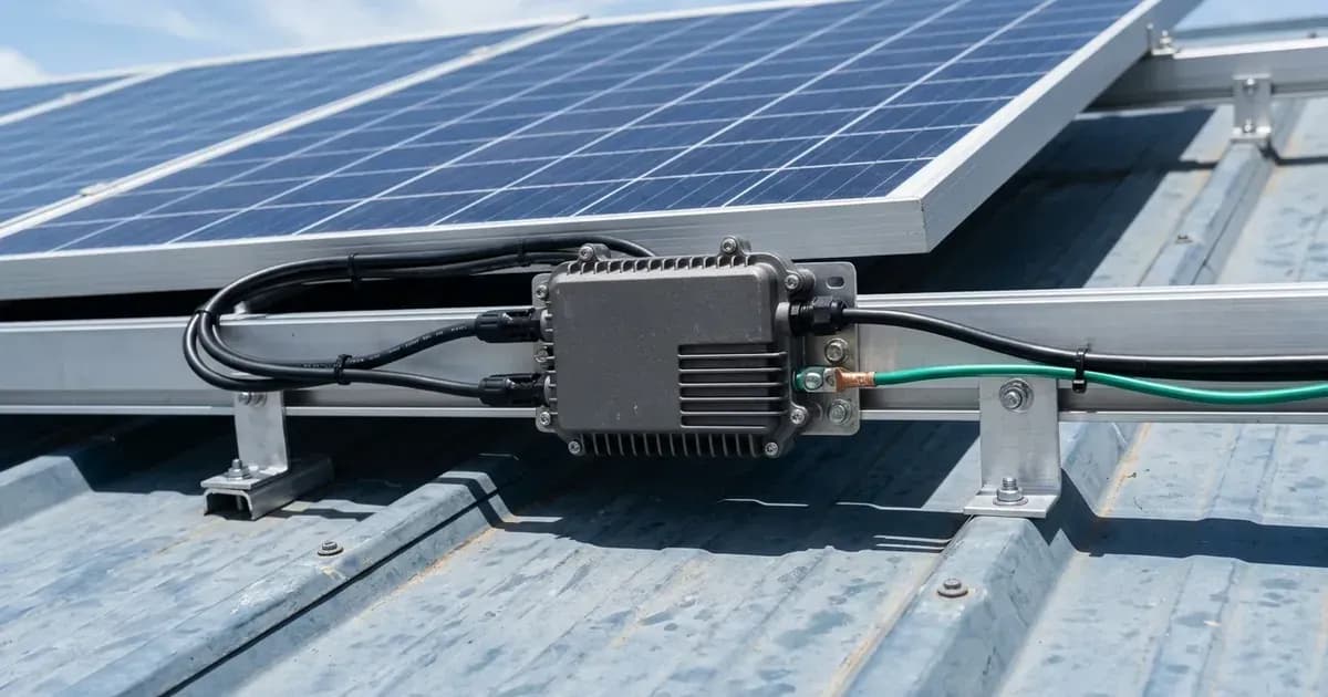 Solar microinverter mounted to aluminum racking underneath solar panels on a metal roof. — SolarNevs spec card