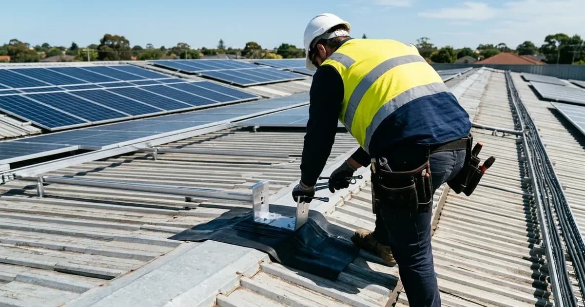 Solar installer inspecting mounting bracket and flashing on an Australian metal roof. — SolarNevs spec card