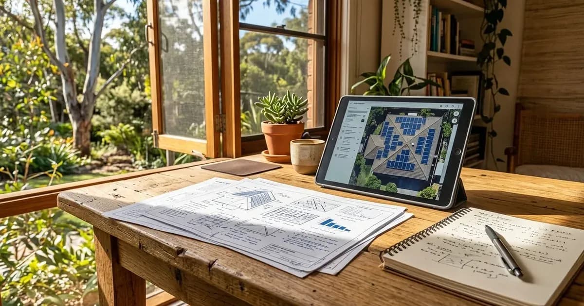 Desk workspace with solar quote paperwork and tablet displaying rooftop layout by an open window. — SolarNevs spec card