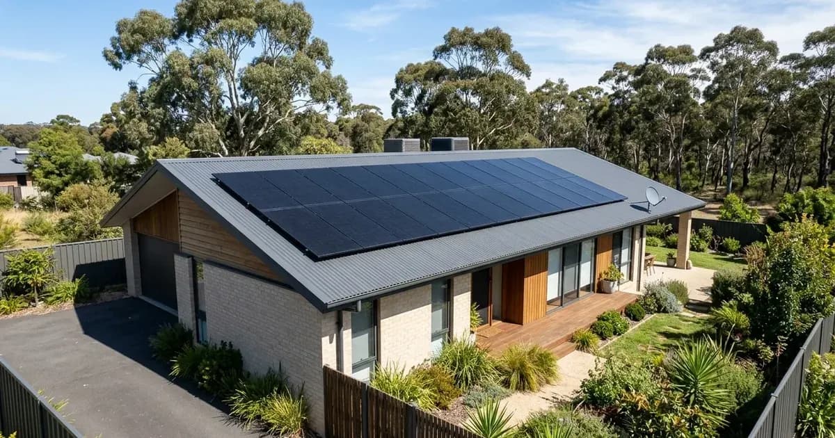 Back-contact black solar panels mounted flush on corrugated metal roof in Australia. — SolarNevs spec card