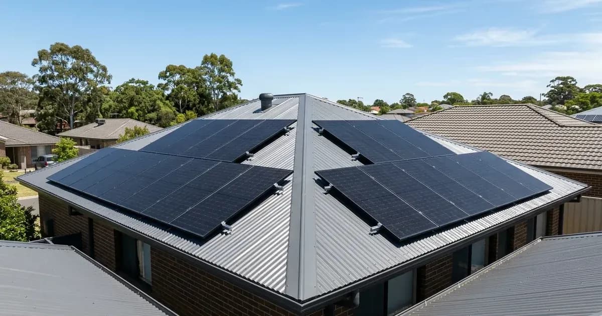 Black half-cell solar panels installed on pitched corrugated roof of Australian home. — SolarNevs spec card