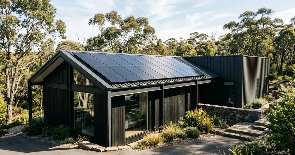 All-black heterojunction solar panels installed on modern architect-designed Australian home. — SolarNevs spec card