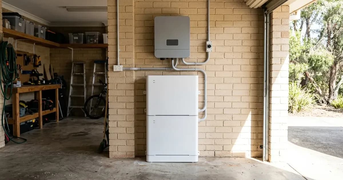 Modular residential solar battery bank installed in an Australian garage. — SolarNevs spec card