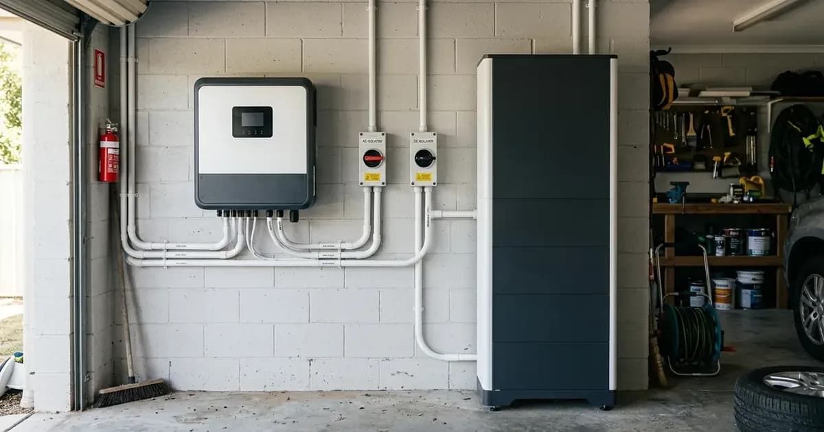 Unbranded residential battery unit and hybrid solar inverter installed on an Australian garage wall. — SolarNevs spec card