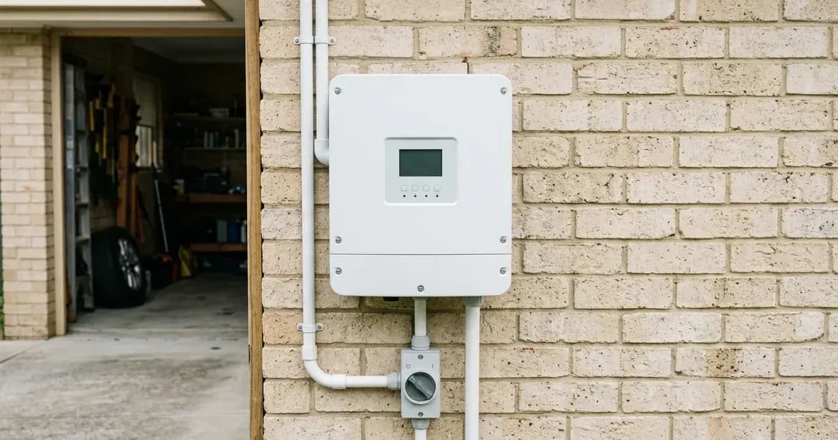 Unbranded compact residential solar string inverter mounted on a garage wall in Australia. — SolarNevs spec card