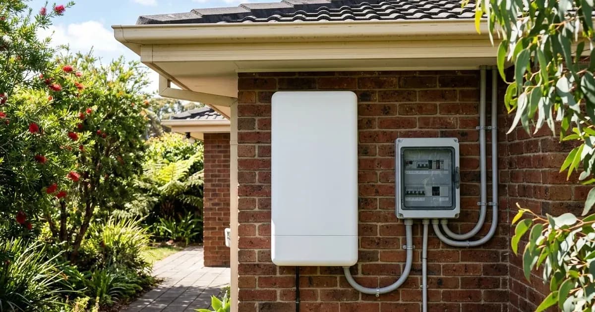 Outdoor-rated unbranded white home battery mounted on an Australian brick wall. — SolarNevs spec card