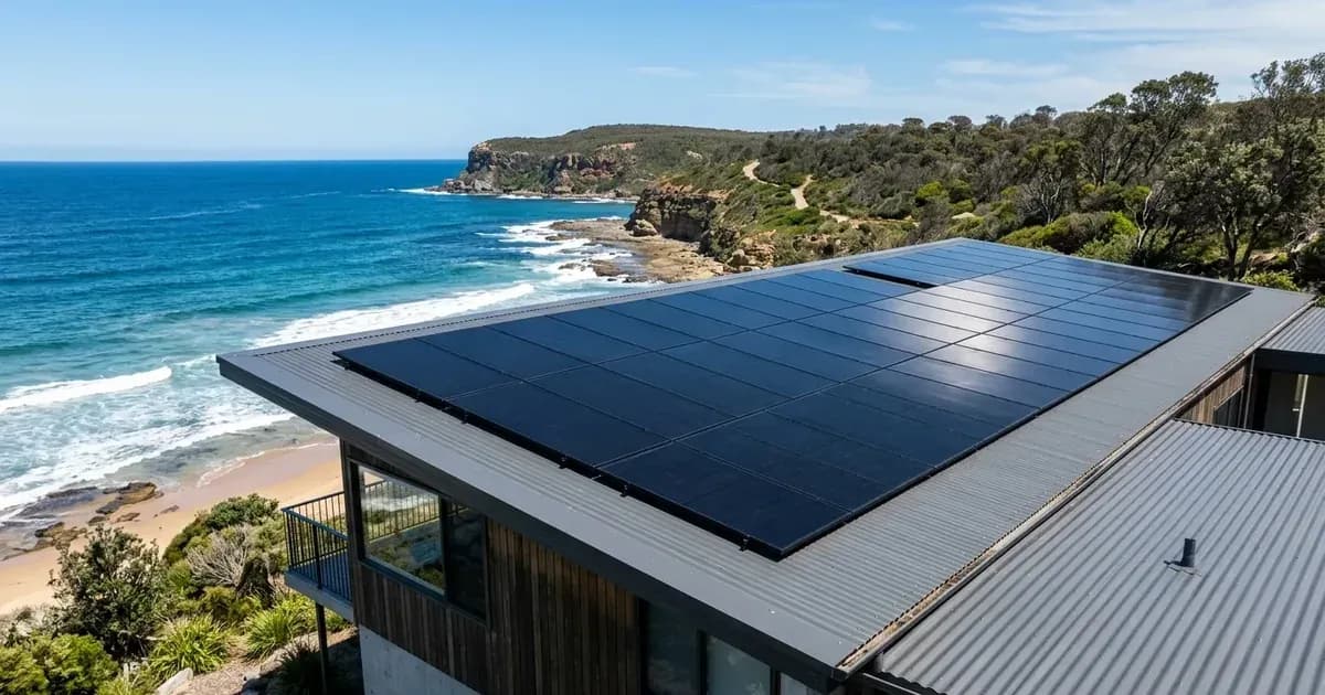 Premium all-black residential solar panels on a coastal Australian home roof. — SolarNevs spec card