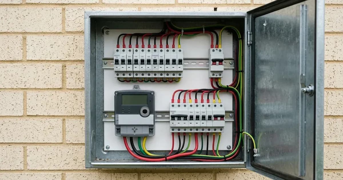 Australian residential switchboard with three-phase circuit breakers and a digital meter. — SolarNevs spec card