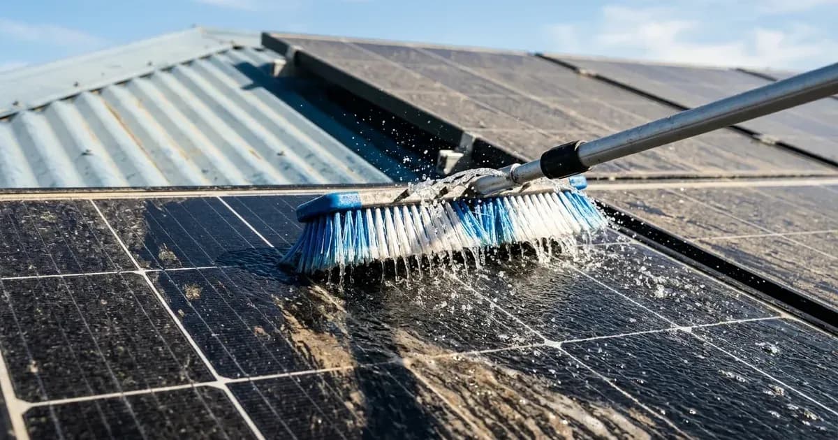 Water-fed soft brush head cleaning dust off residential rooftop solar panels. — SolarNevs spec card
