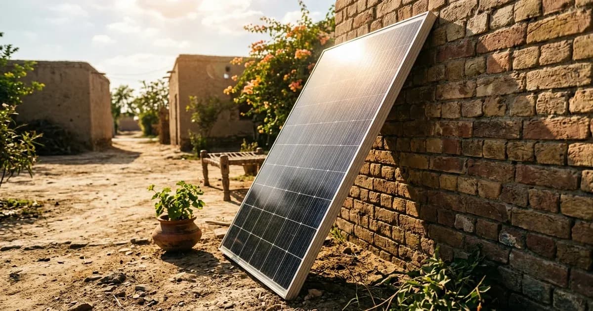 A 550W solar panel module leaning against a wall under warm sunlight — SolarNevs spec card