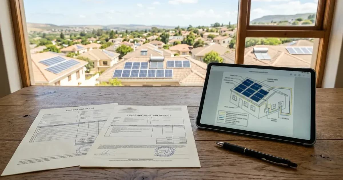 Tax documents and solar installation paperwork on a desk overlooking South African residential rooftops with solar. — SolarNevs spec card