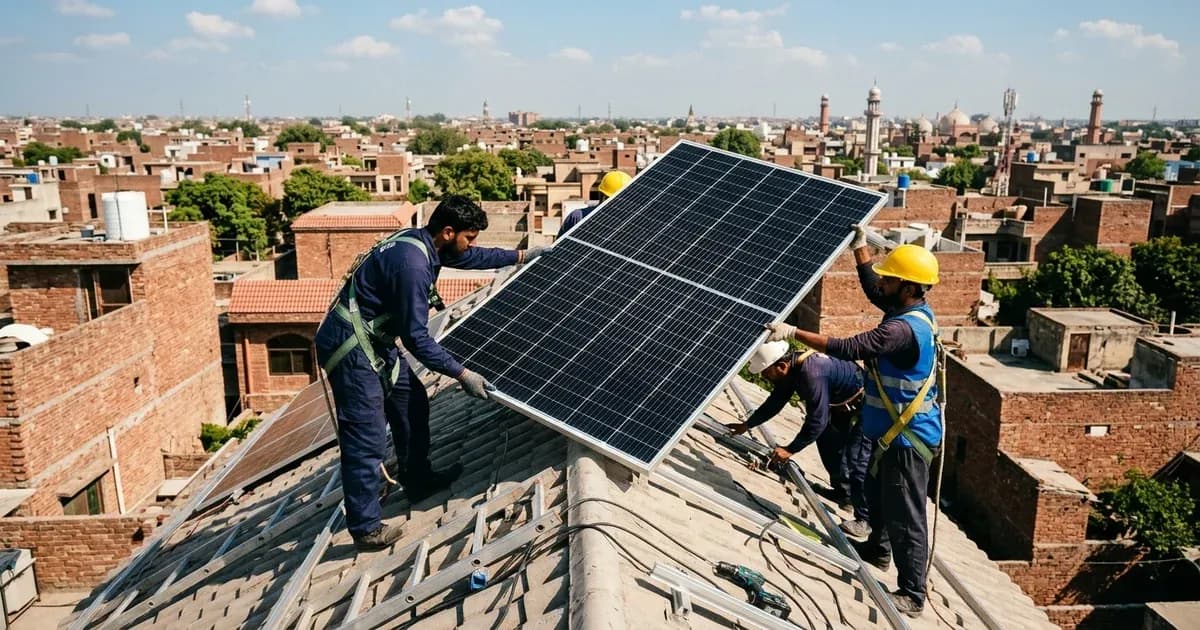 A Tier-1 585W N-type TOPCon solar panel being installed under warm sunlight — SolarNevs spec card