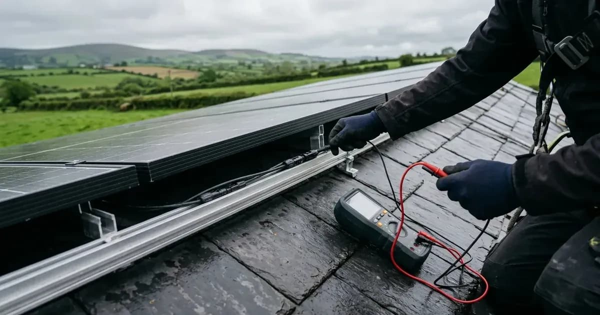 Multimeter testing solar array string voltage on a slate roof with green rolling hills in Ireland. — SolarNevs spec card