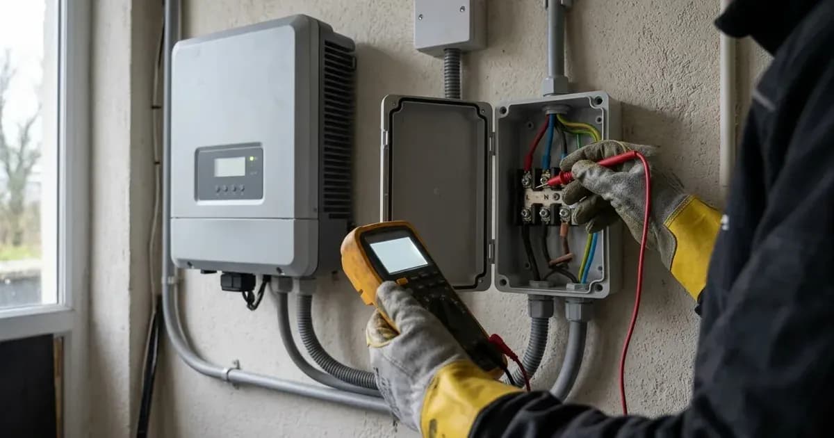 Electrician measuring AC terminal voltage at an isolator switch next to a residential solar inverter. — SolarNevs spec card