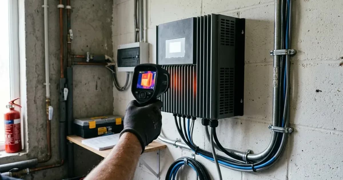 Thermal camera inspecting the heatsink cooling fins of a wall-mounted solar inverter in a utility room. — SolarNevs spec card