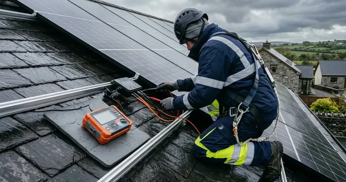 Technician performing DC insulation resistance testing on solar panel cabling on a slate roof in Ireland. — SolarNevs spec card