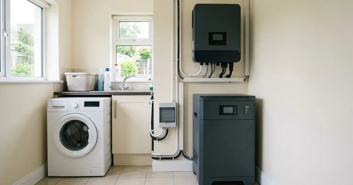 Residential hybrid solar inverter and battery storage unit installed in a clean domestic utility room. — SolarNevs spec card