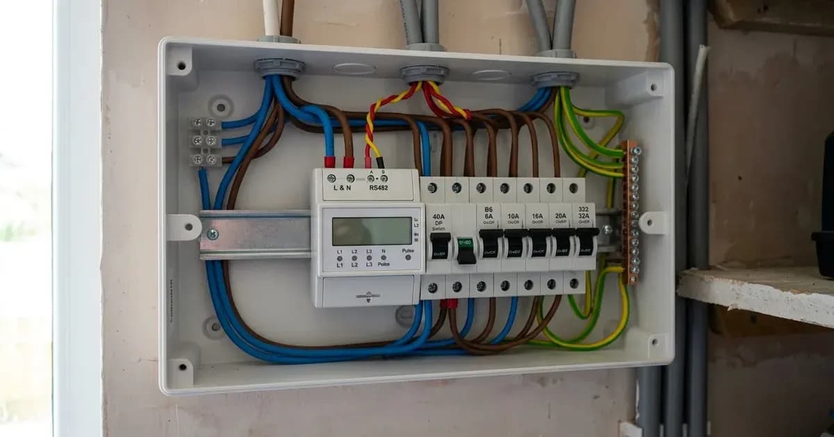 DIN-rail smart energy meter and RS485 twisted pair communication wiring inside a residential consumer unit. — SolarNevs spec card