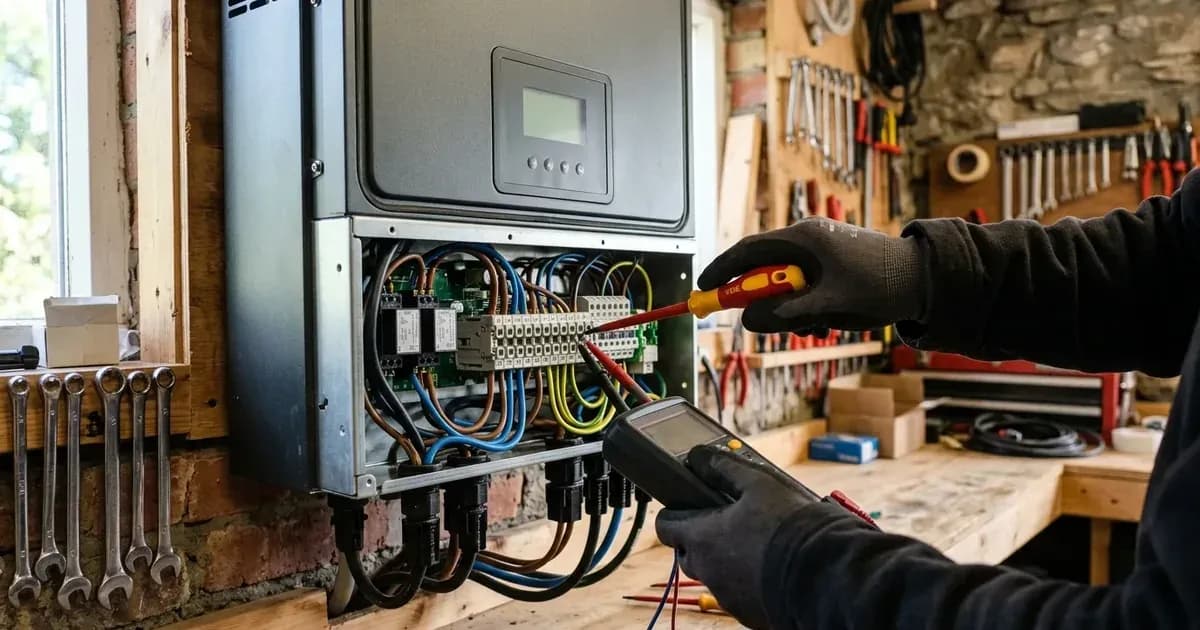 Electrician testing internal relay terminals and AC wiring inside a solar inverter wiring compartment. — SolarNevs spec card