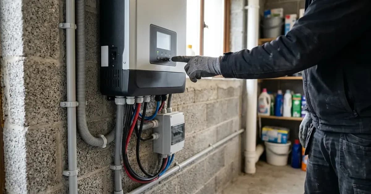 Technician inspecting control buttons and status panel on a wall-mounted solar inverter in an Irish garage. — SolarNevs spec card