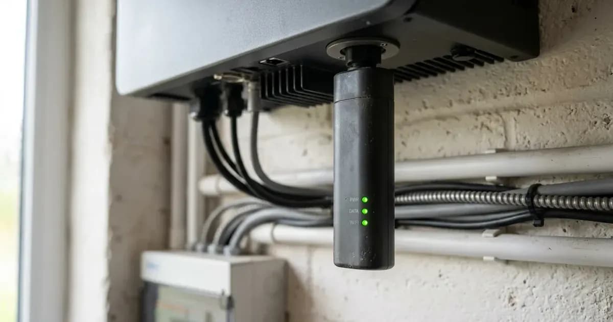 Wi-Fi datalogger stick with green status LEDs connected to the bottom of a solar inverter. — SolarNevs spec card