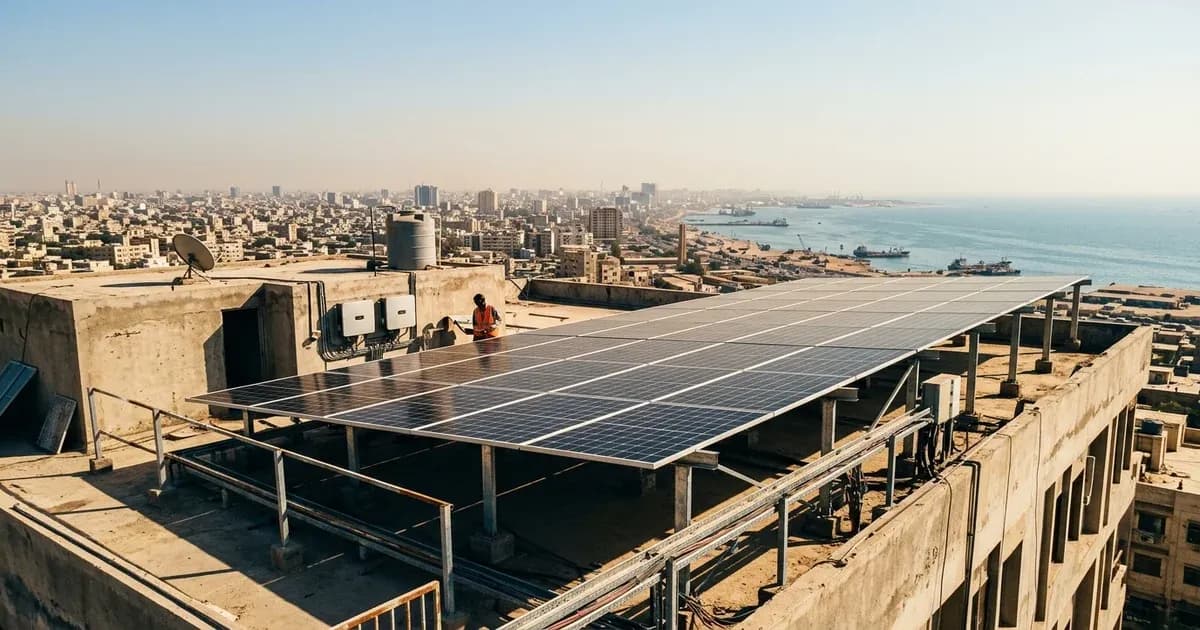 Solar installation on a rooftop in Karachi under warm sunlight — SolarNevs spec card