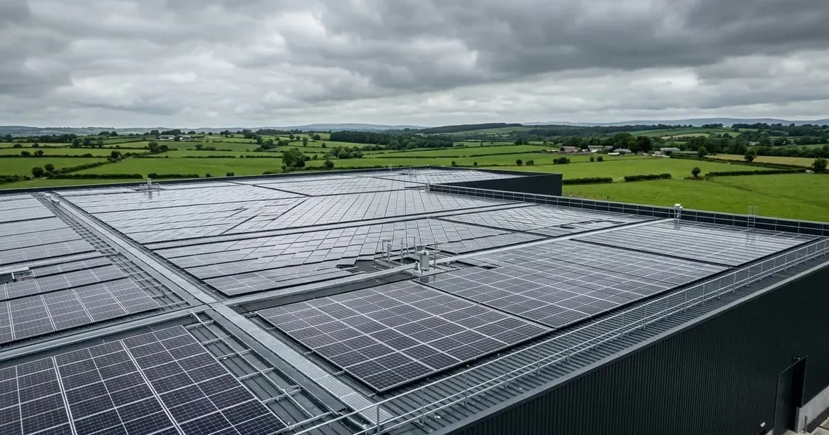 Commercial solar array installed across an Irish warehouse roof under overcast skies — SolarNevs spec card