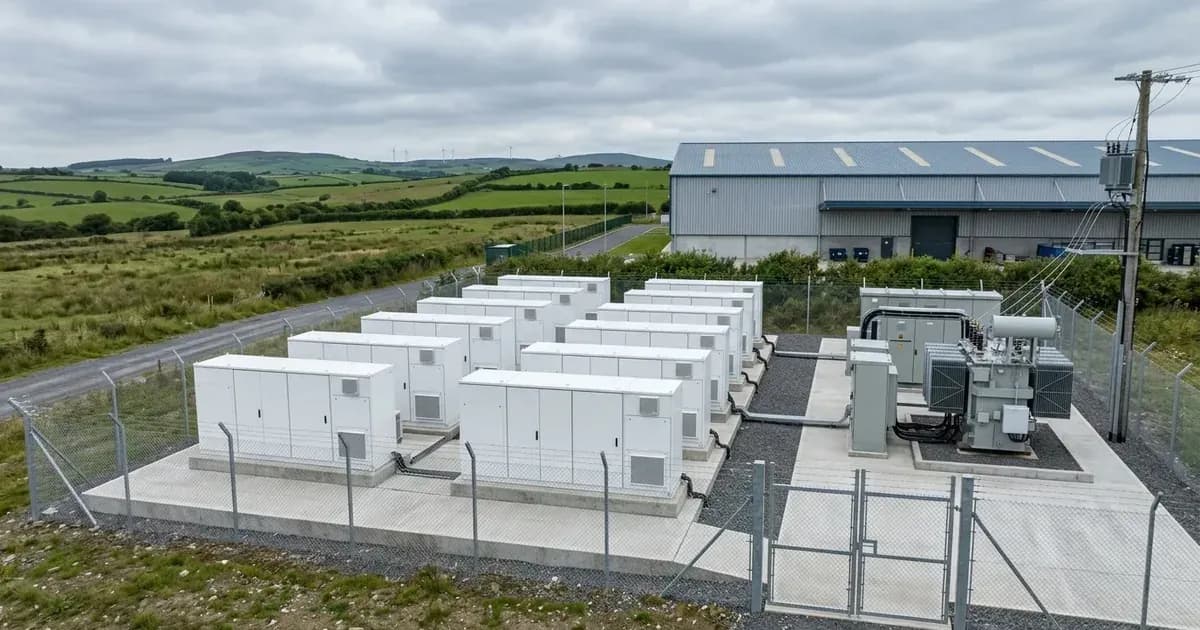 Commercial battery storage system installation beside an industrial facility in Ireland — SolarNevs spec card