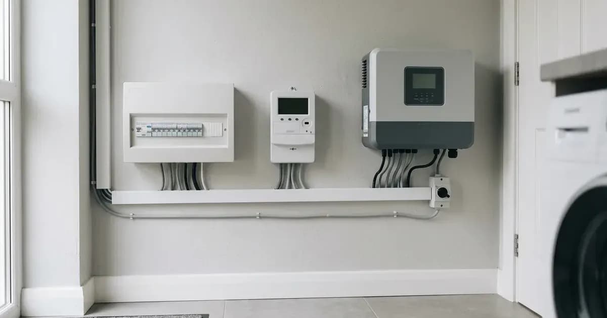 Smart electricity meter and solar hybrid inverter installed on a utility room wall in Ireland — SolarNevs spec card