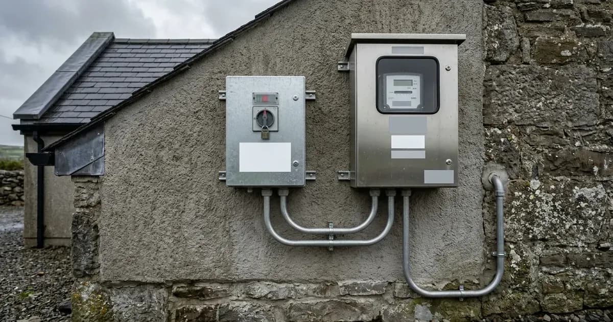External solar grid interconnection switch and metering enclosure on an Irish building — SolarNevs spec card